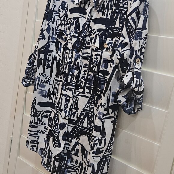 Karl Lagerfeld Paris 3/4 Sleeves Button-Up Blouse Women's S/P Blue & White - Picture 11 of 15